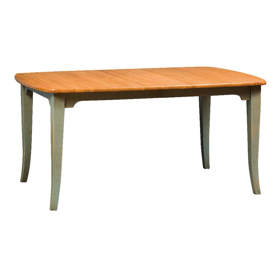 Two-tone leg dining table with a natural cherry top and sage green painted flared legs on a white background