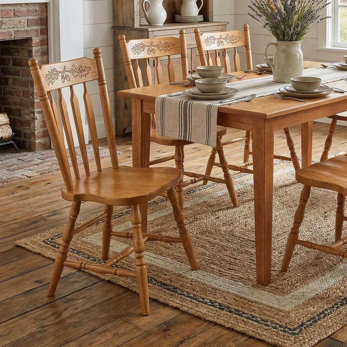 Wooden dining table with chairs in a rustic kitchen setting.
