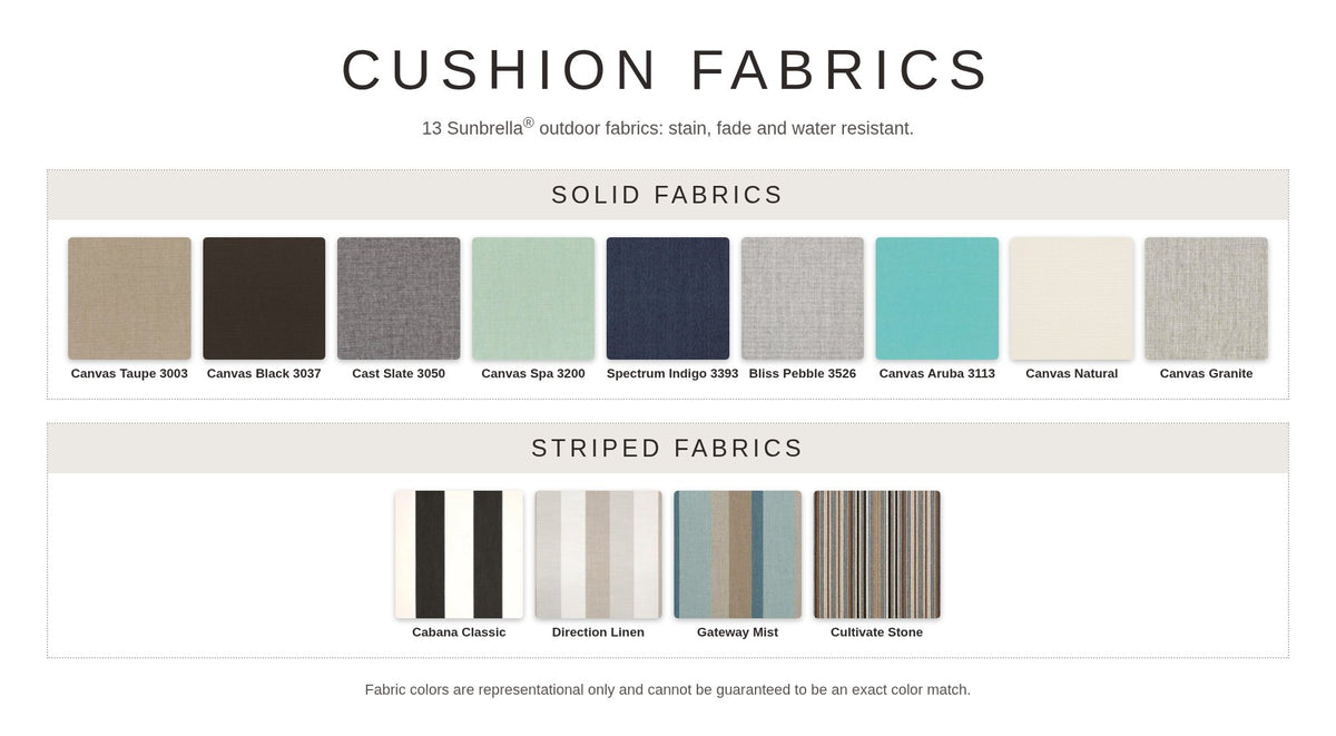 Beaverdam cushion fabrics: 9 solid and 4 striped Sunbrella fabrics