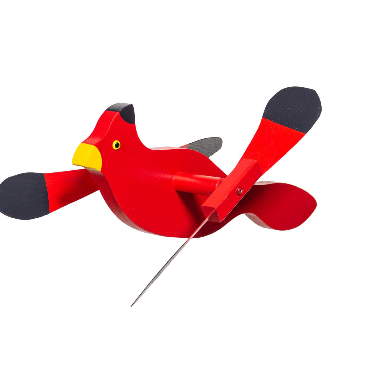 Bright red wooden cardinal whirlybird wind spinner with yellow beak, black face and black tipped wing blades