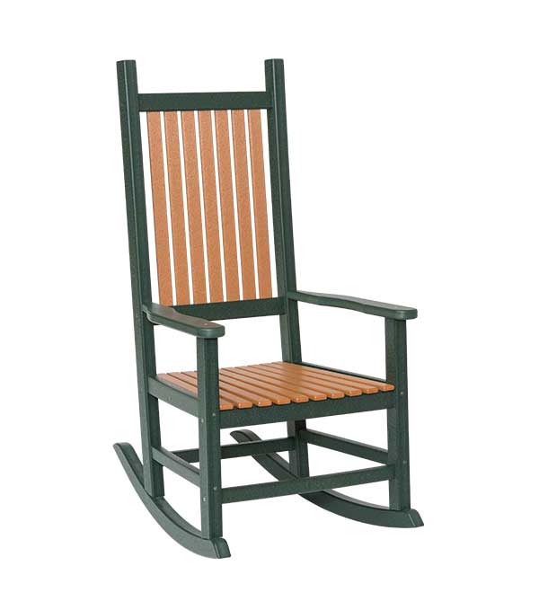 Green framed poly rocking chair with cedar slat back and seat, flat arms and curved rockers