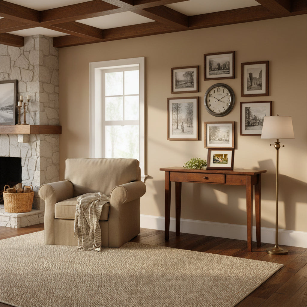 Wooden console table with a drawer and a framed picture on a white background