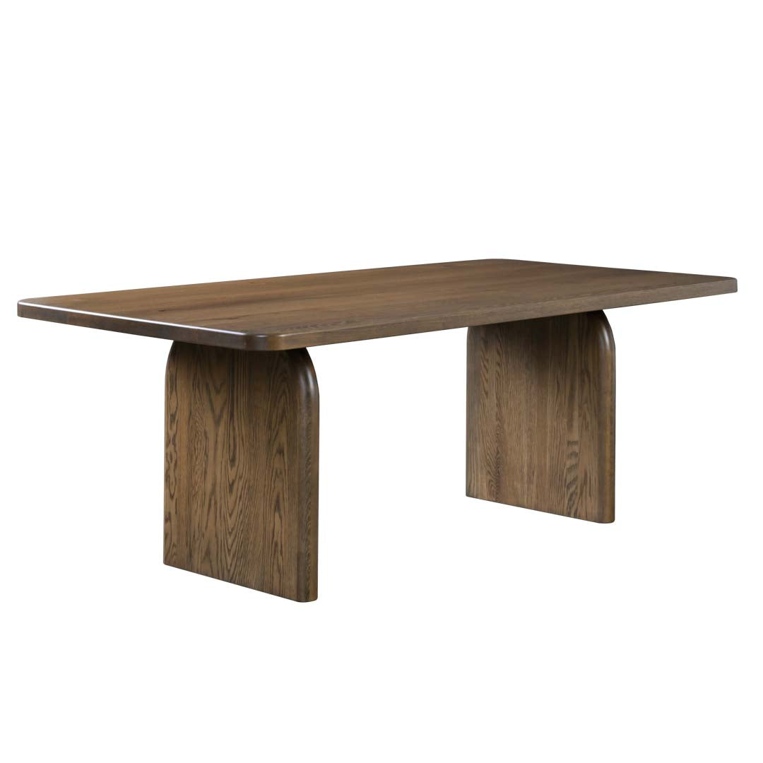 Wooden dining table with a minimalist design on a white background