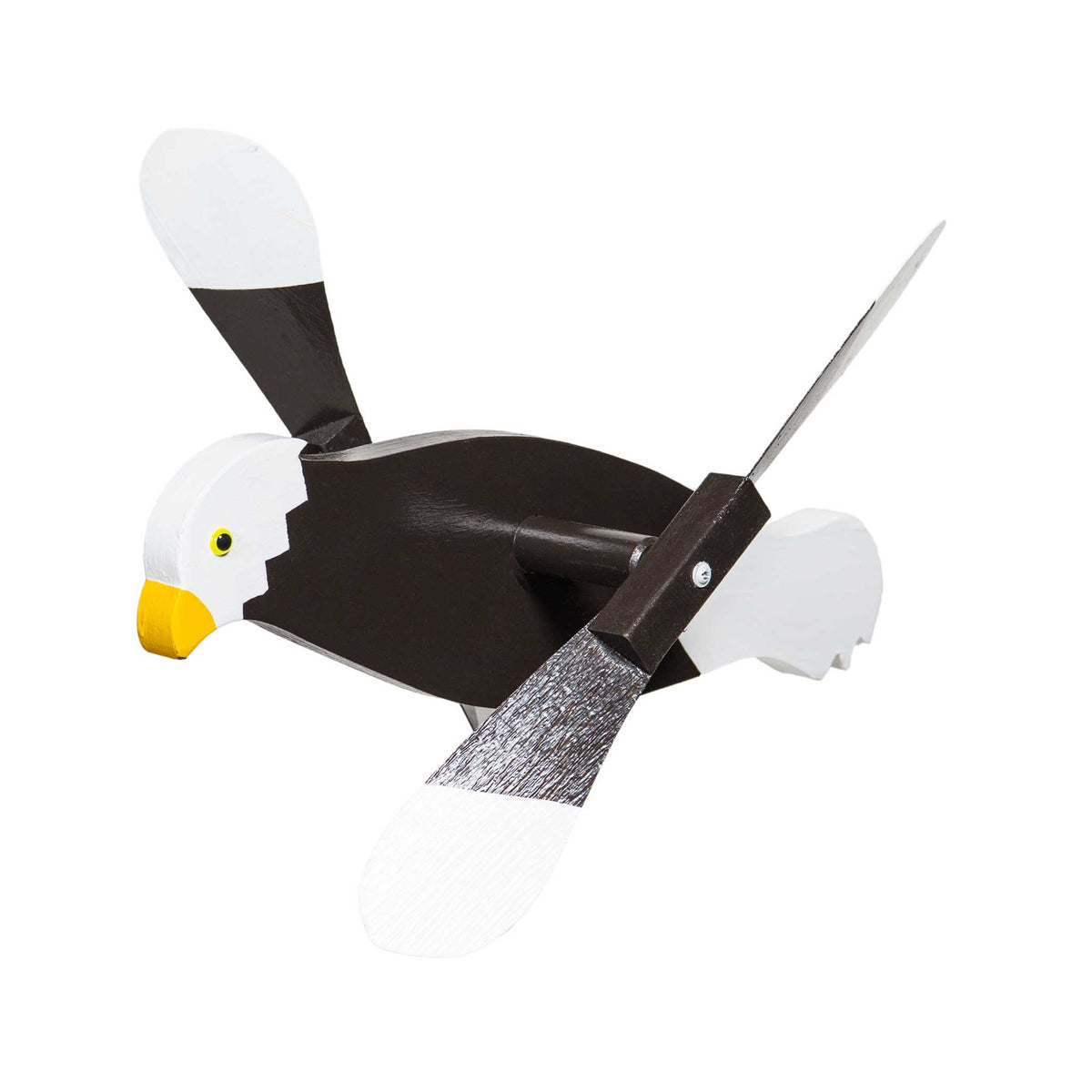 A wooden eagle whirlybird with spinning wings and a metal rod for mounting.