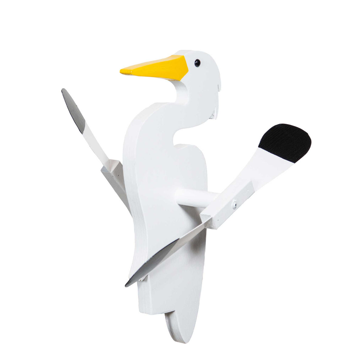 White wooden egret whirlybird wind spinner with long yellow bill, slender neck and black tipped blade