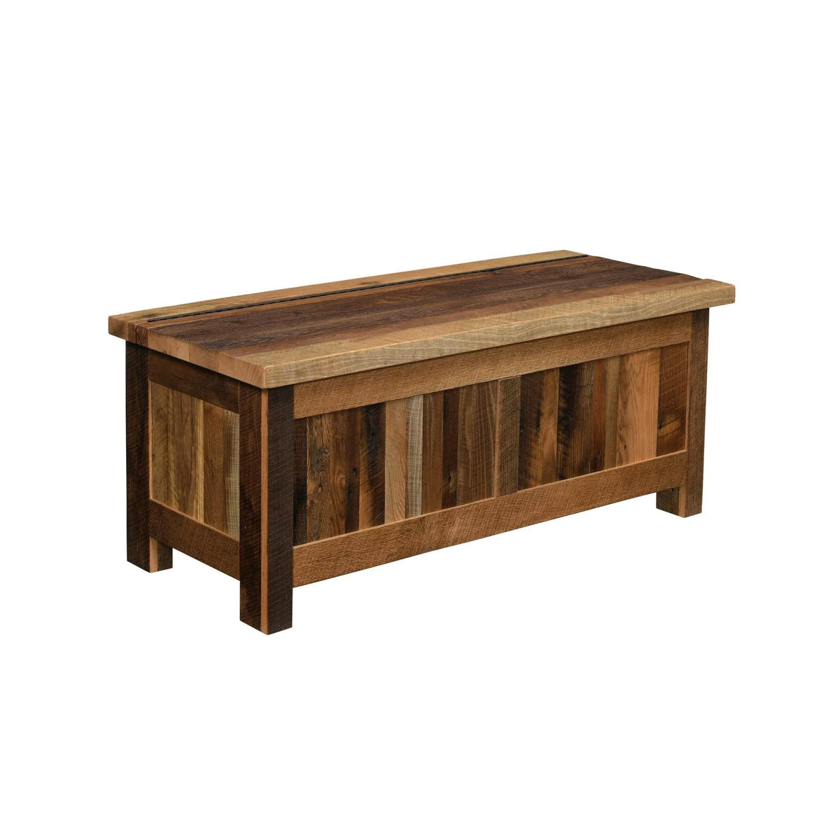 A rustic wooden storage bench with a slatted top and paneled sides, shown on a plain white background.