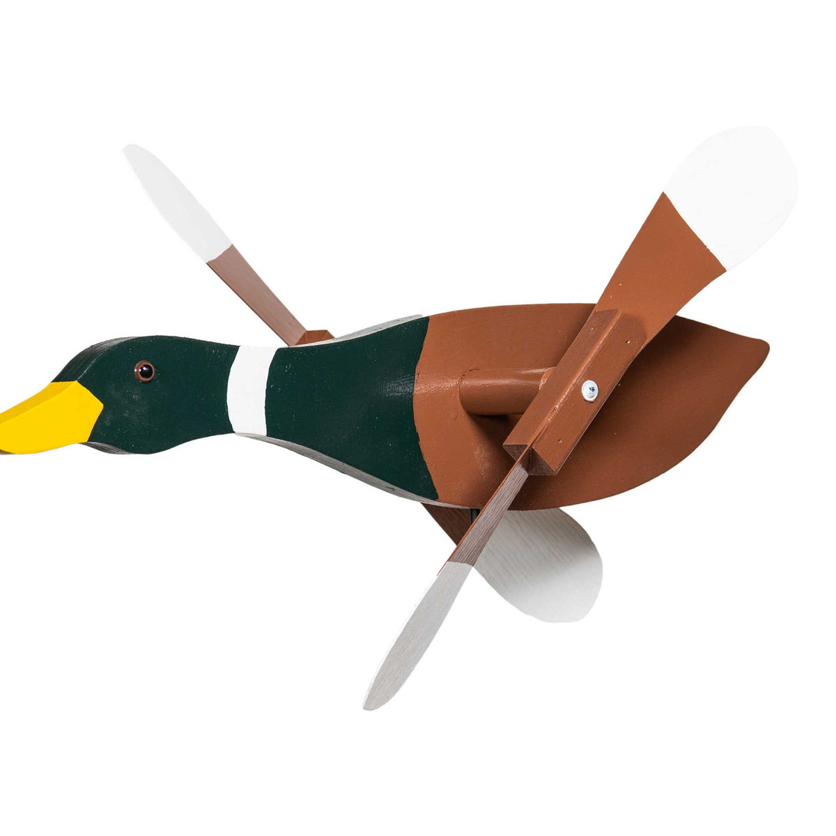Wooden mallard duck whirlybird wind spinner with green head, yellow bill, white collar and brown body