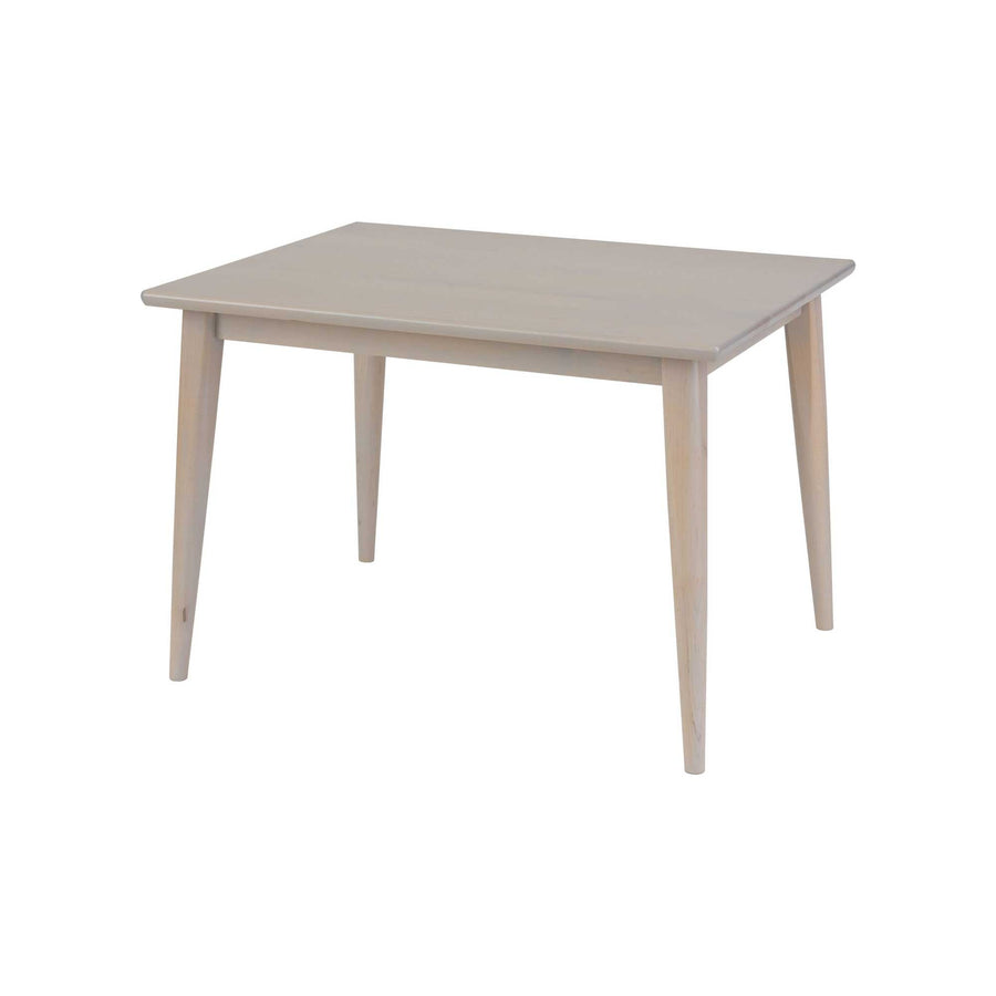 Kid's play dining table in a light gray washed finish shown alone with angled round tapered legs