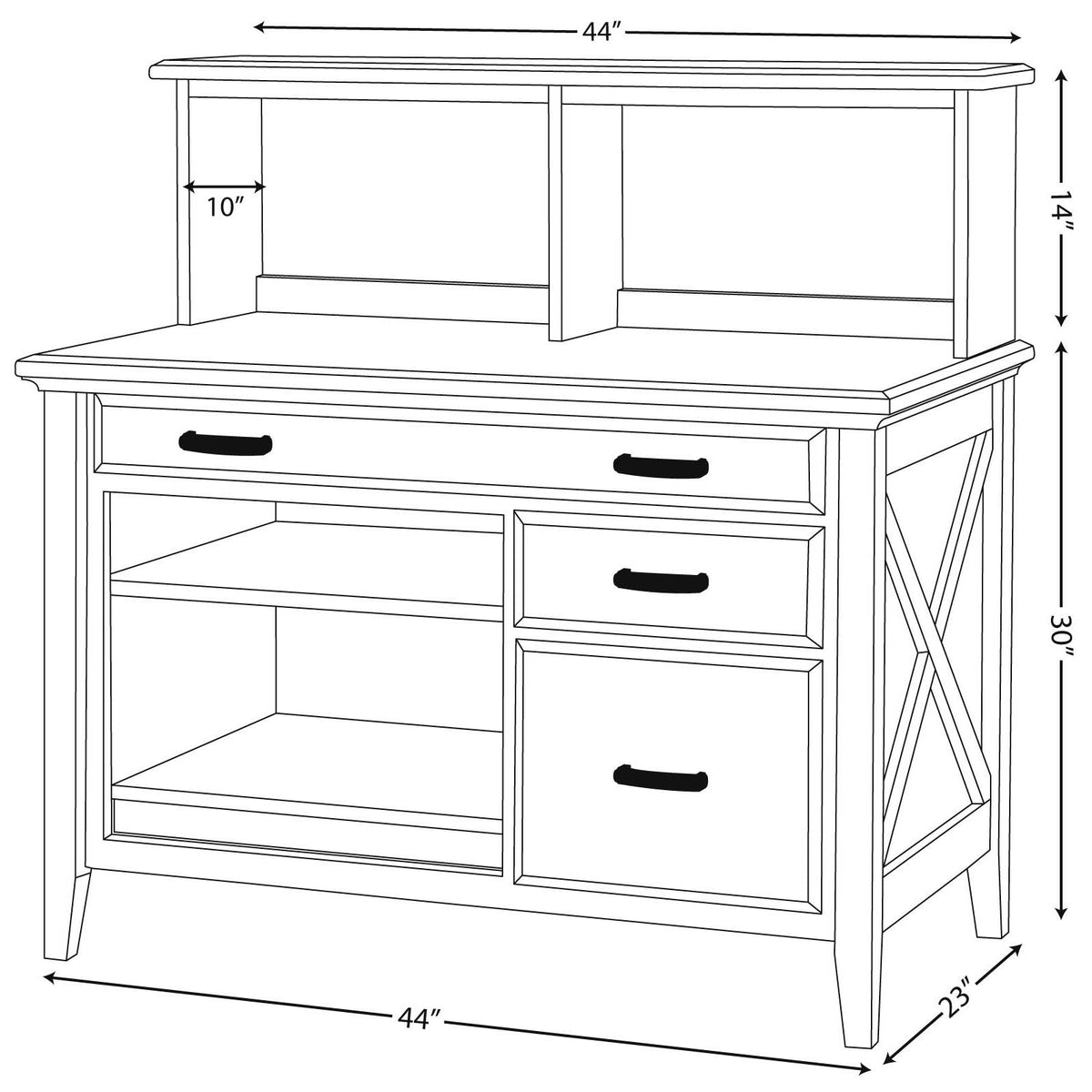 Dimension diagram of the small credenza: 44 inches wide, 23 inches deep, 30 inches tall with a 14 inch hutch