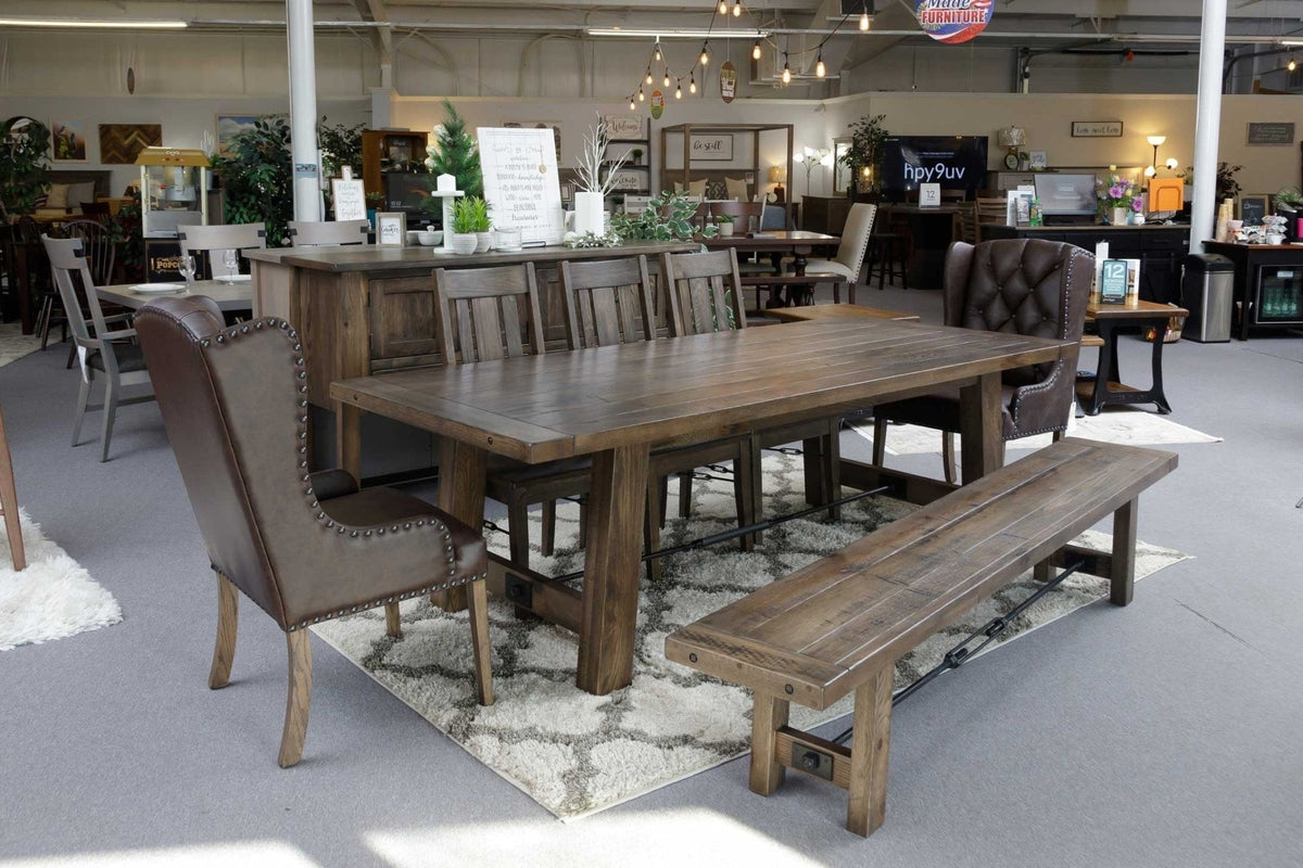 Ouray Amish Iron Buckle Trestle 72&quot; Dining Table 6pc Set - snyders.furniture