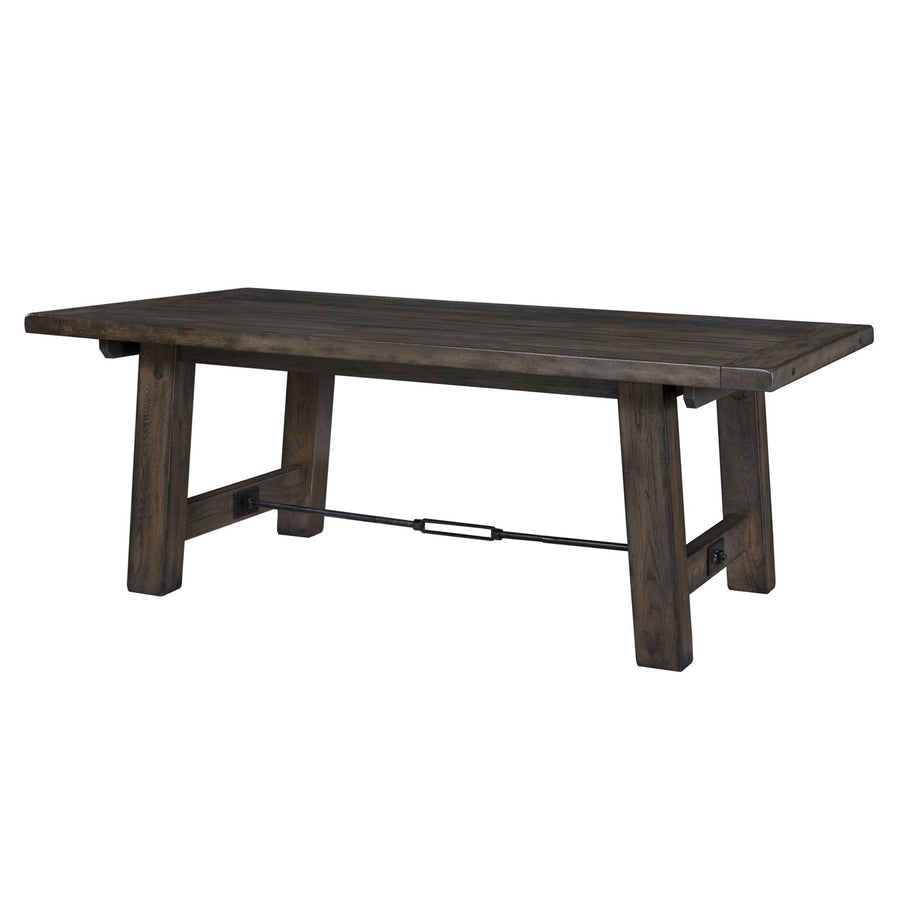 Weathered gray 96 inch trestle dining table with thick plank top, angled legs and iron turnbuckle stretcher