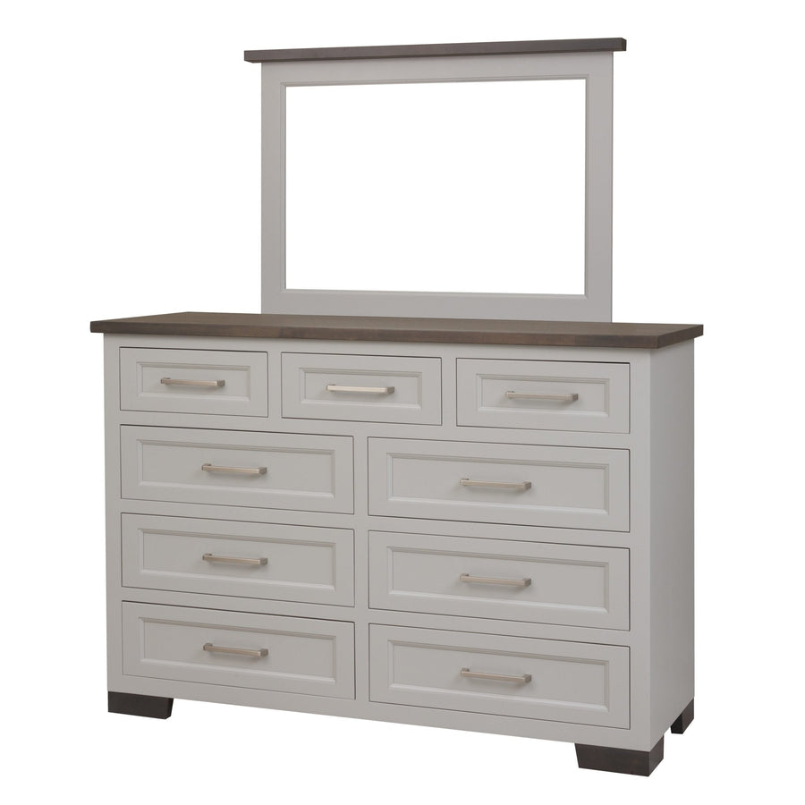 Two-tone dresser with white painted drawers, gray plank top and mirror, nine drawers with brushed nickel bar pulls