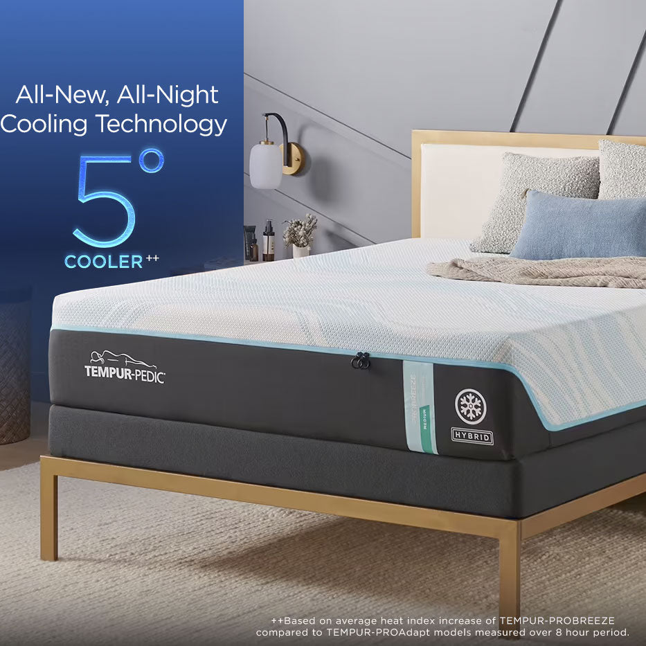 Cooling hybrid mattress on a gold metal bed frame with a graphic claiming all-night cooling up to 5 degrees cooler