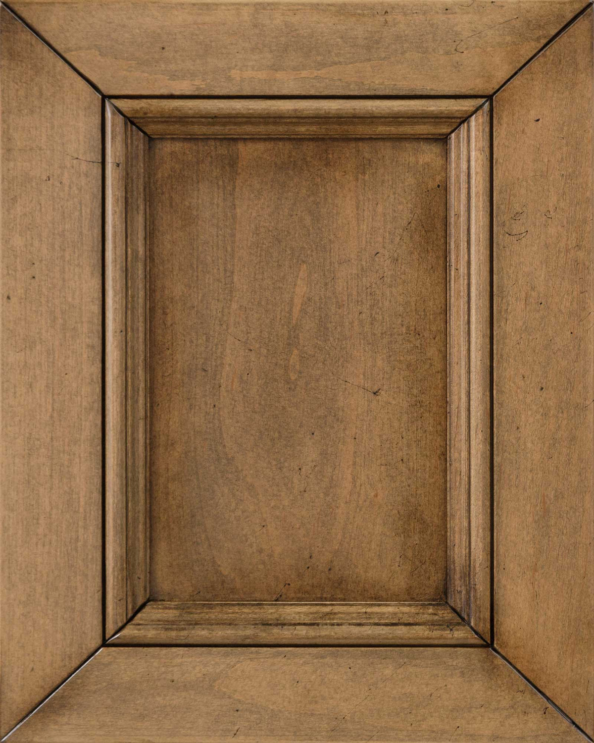 Vintage Flinton stain on maple sample, a light golden brown raised panel with glazed molding grooves and dark speck accents