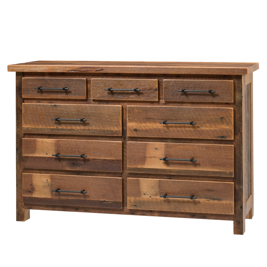 Wooden dresser with multiple drawers on a white background