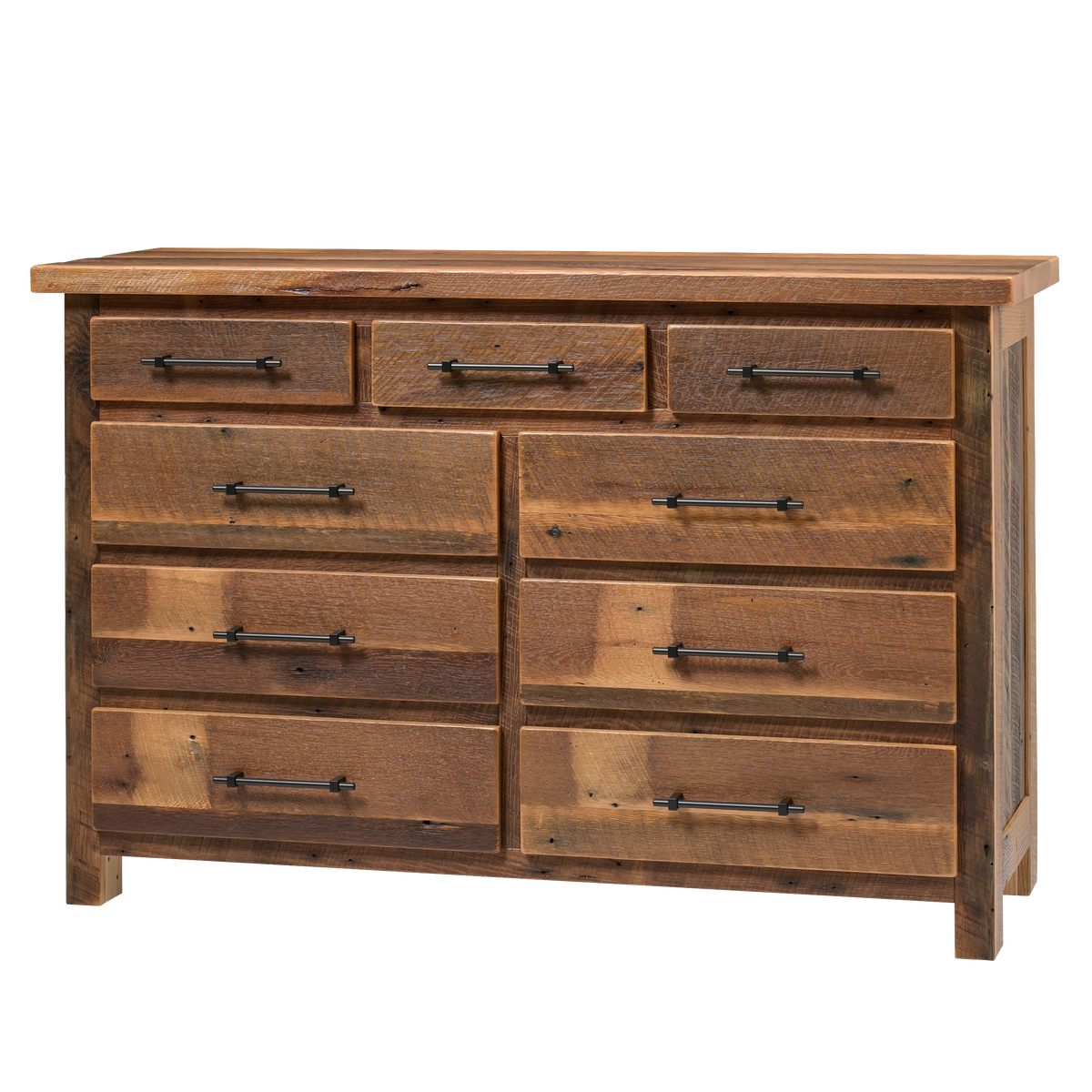 Wooden dresser with multiple drawers on a white background