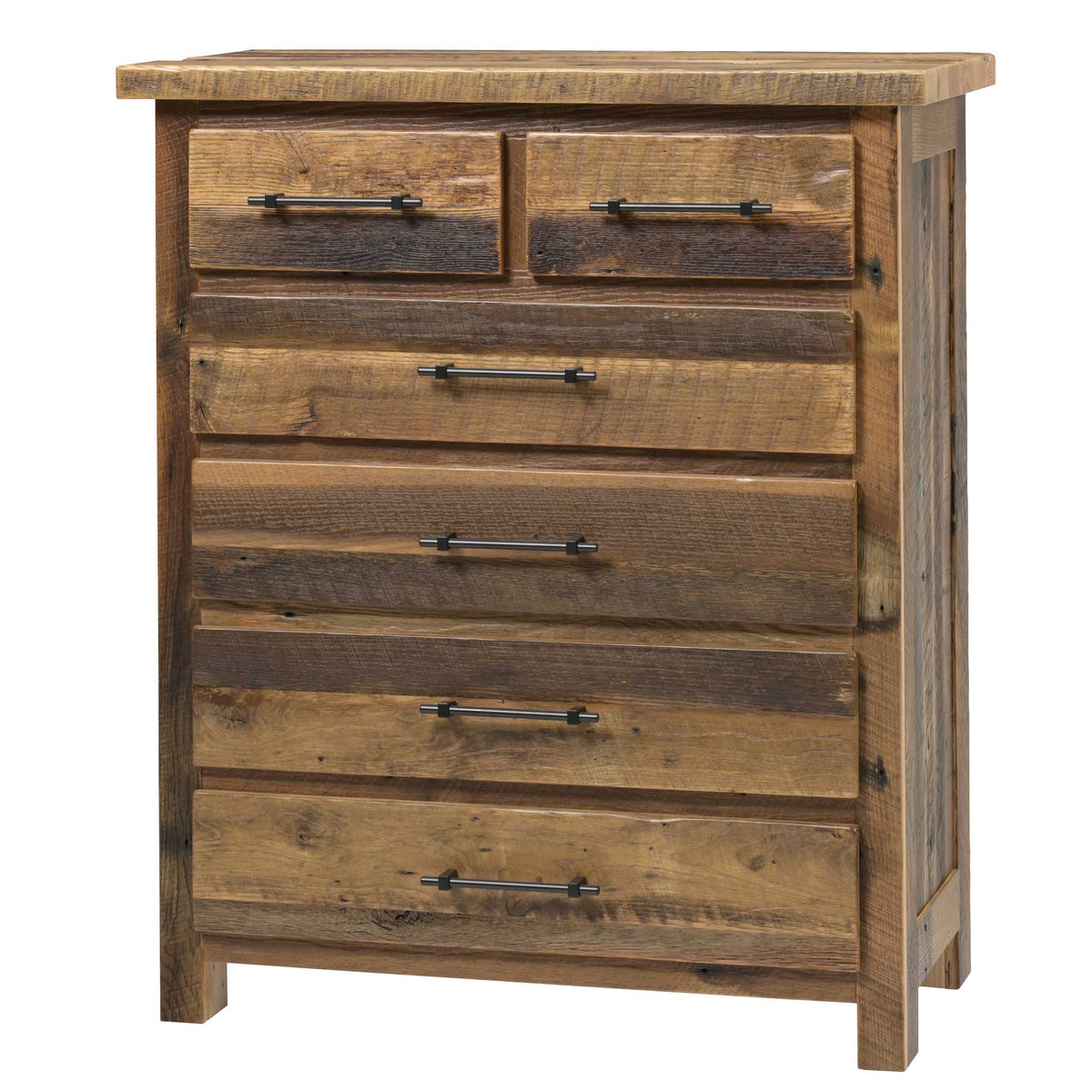 Reclaimed barnwood chest of six drawers with black bar pulls, rough-sawn plank fronts and square post legs