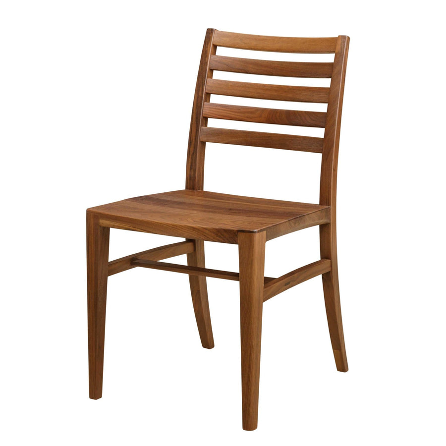 Walnut dining side chair with a tall ladder back of five horizontal slats, saddle seat and tapered legs