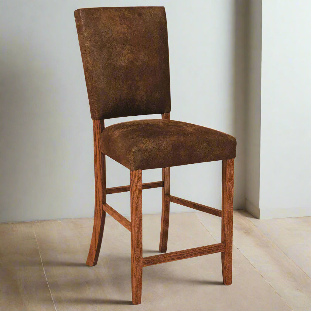 An Amish Warner cushion bar chair with brown maple wood frame and a brown cushion.