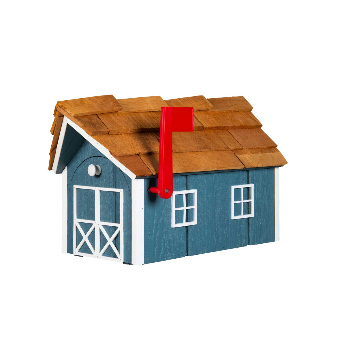 Slate blue wood barn mailbox with cedar shake roof, white cross-braced doors and knob, red flag raised