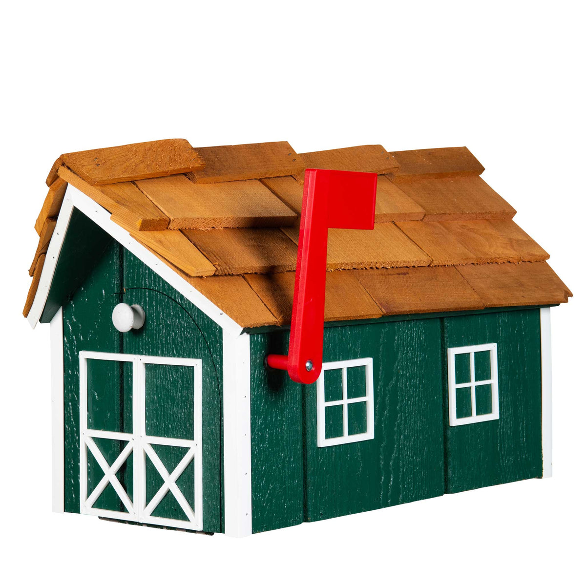 Green wooden barn mailbox with cedar shake roof, white X-braced double doors and bright red mail flag