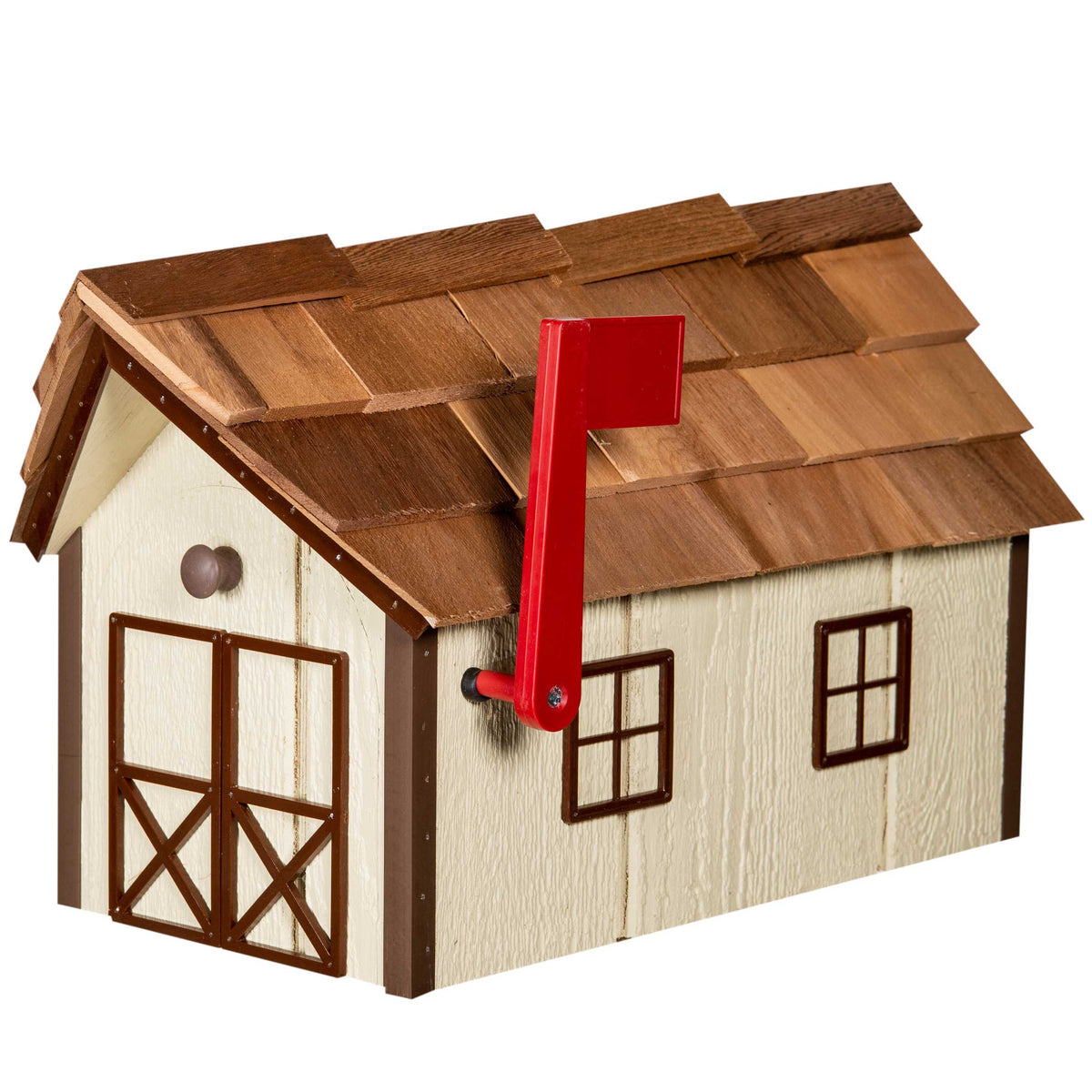 Ivory wood barn mailbox with cedar shingle roof, brown trimmed windows, X-braced doors and red flag raised