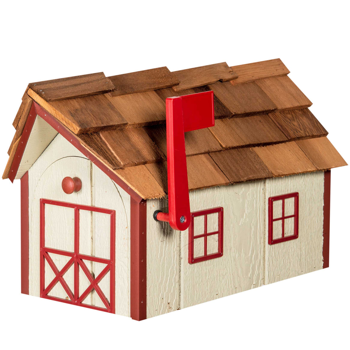 Cream barn-style wooden mailbox with red trim, cedar shake roof, arched X-braced doors and red flag