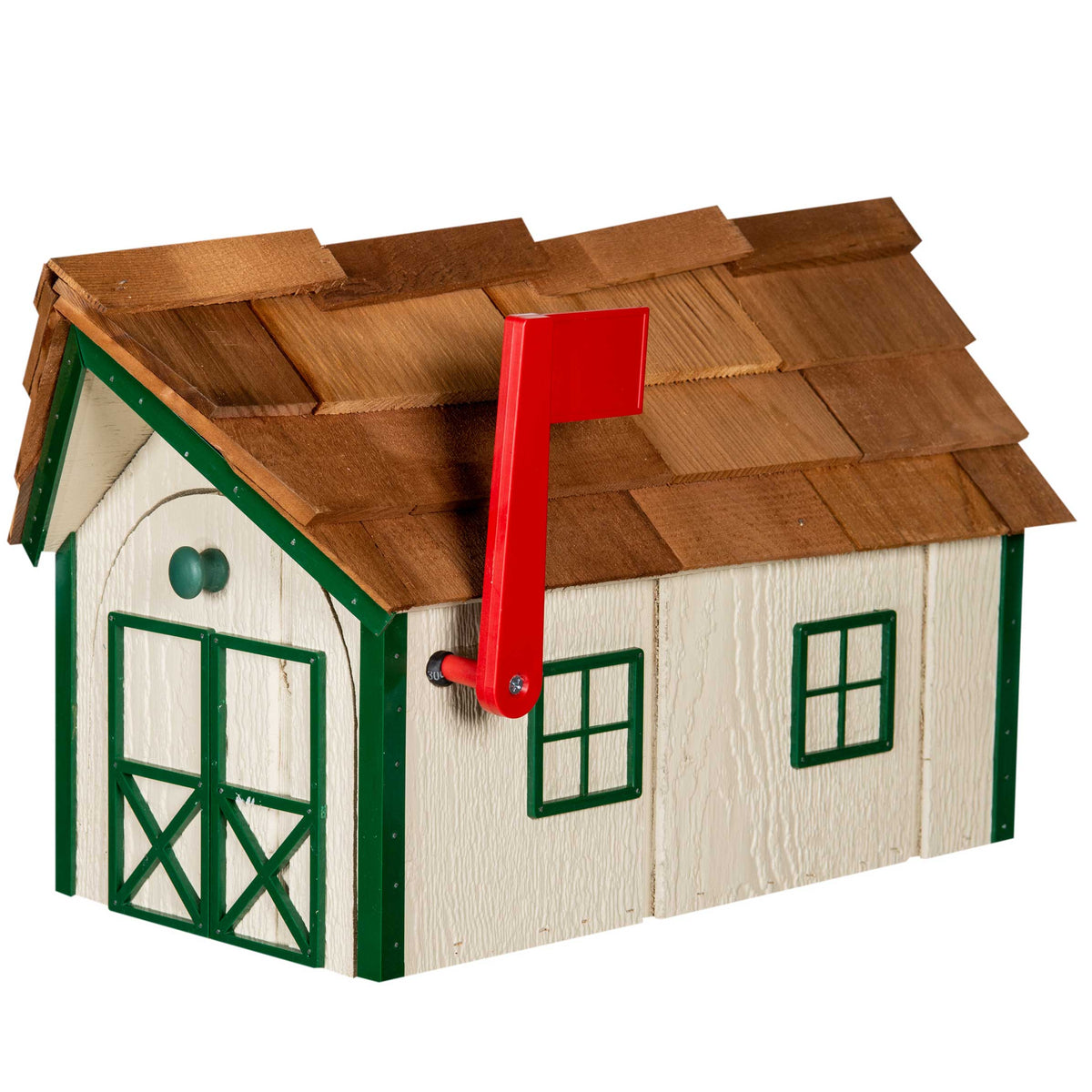 Ivory wood barn mailbox with green corner trim and window frames, cedar shingle roof and raised red flag