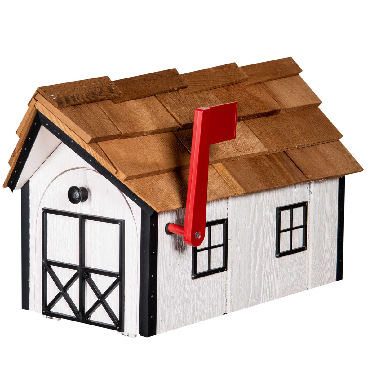 White wood barn mailbox with black trim and X-braced doors, natural cedar shingle roof and red flag up