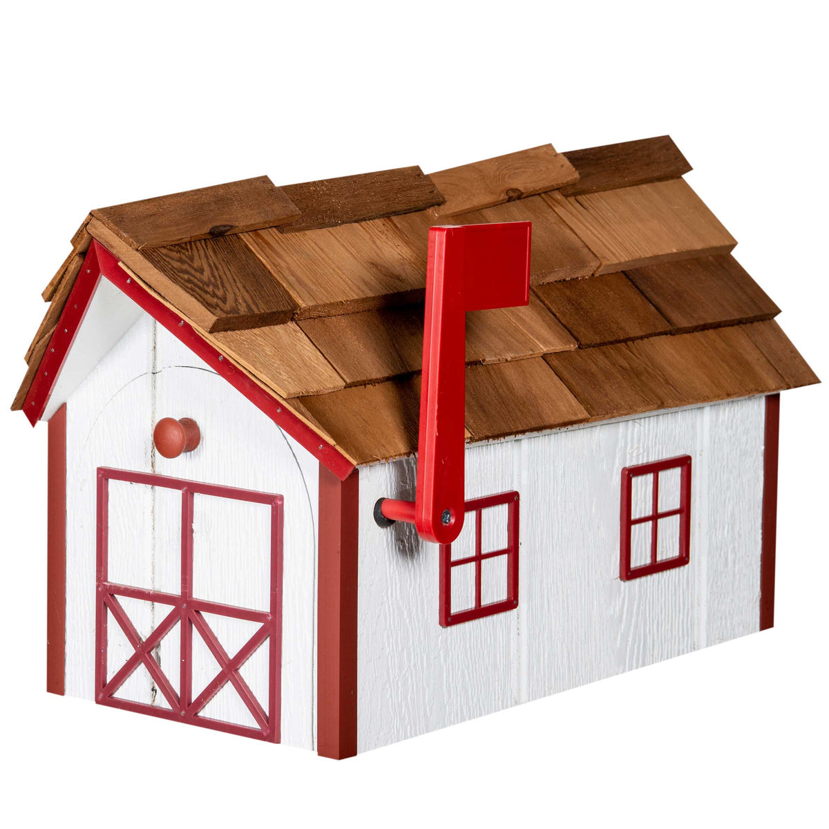 White barn-style wooden mailbox with red trim, arched double doors, cedar shake roof and raised red flag