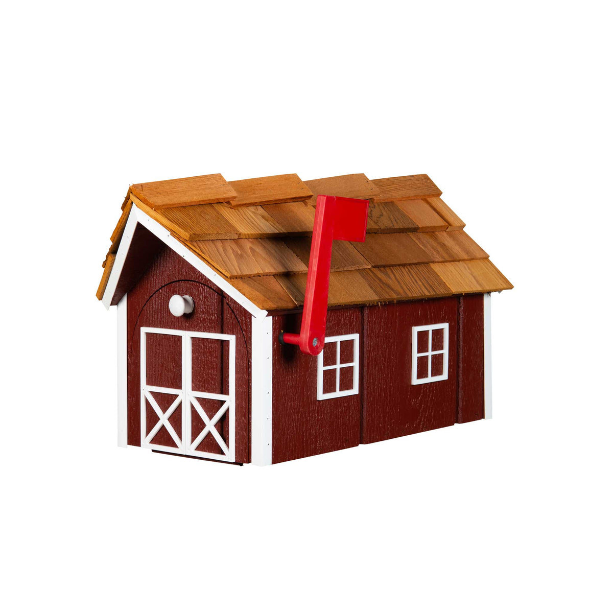 Dark barn red wooden mailbox with white trim and X-braced doors, cedar shake roof and red flag raised
