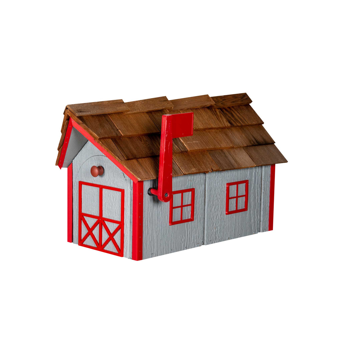 Gray wood barn mailbox with red door and window trim, cedar shingle roof and matching red mail flag