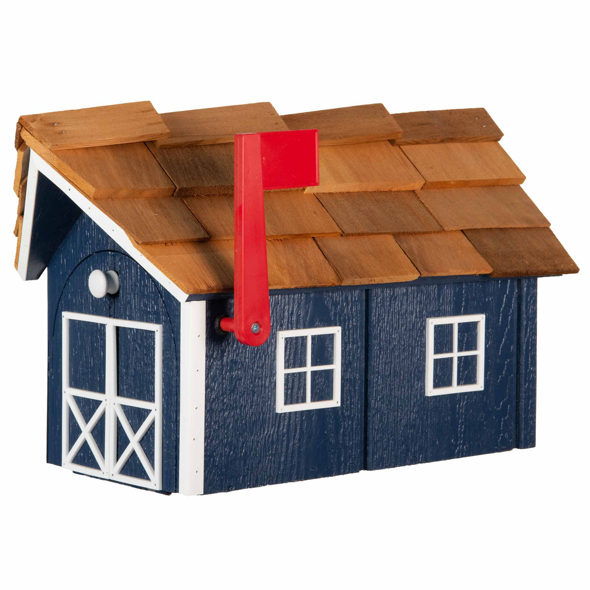 Navy blue barn-style wood mailbox with white trim and doors, cedar shingle roof and raised red flag
