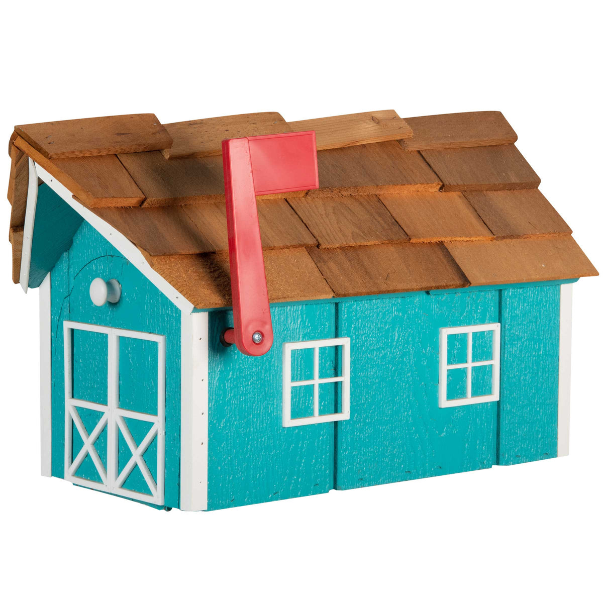 Aruba blue wood mailbox shaped like a barn with cedar shake roof, white trim, X-braced doors and red flag