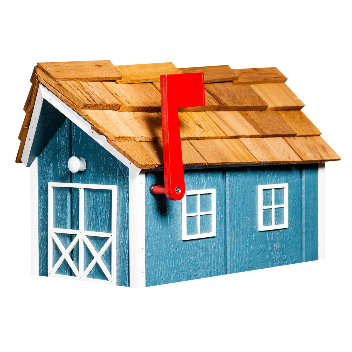 Blue barn-style wooden mailbox with natural cedar shingle roof, white window trim and raised red flag