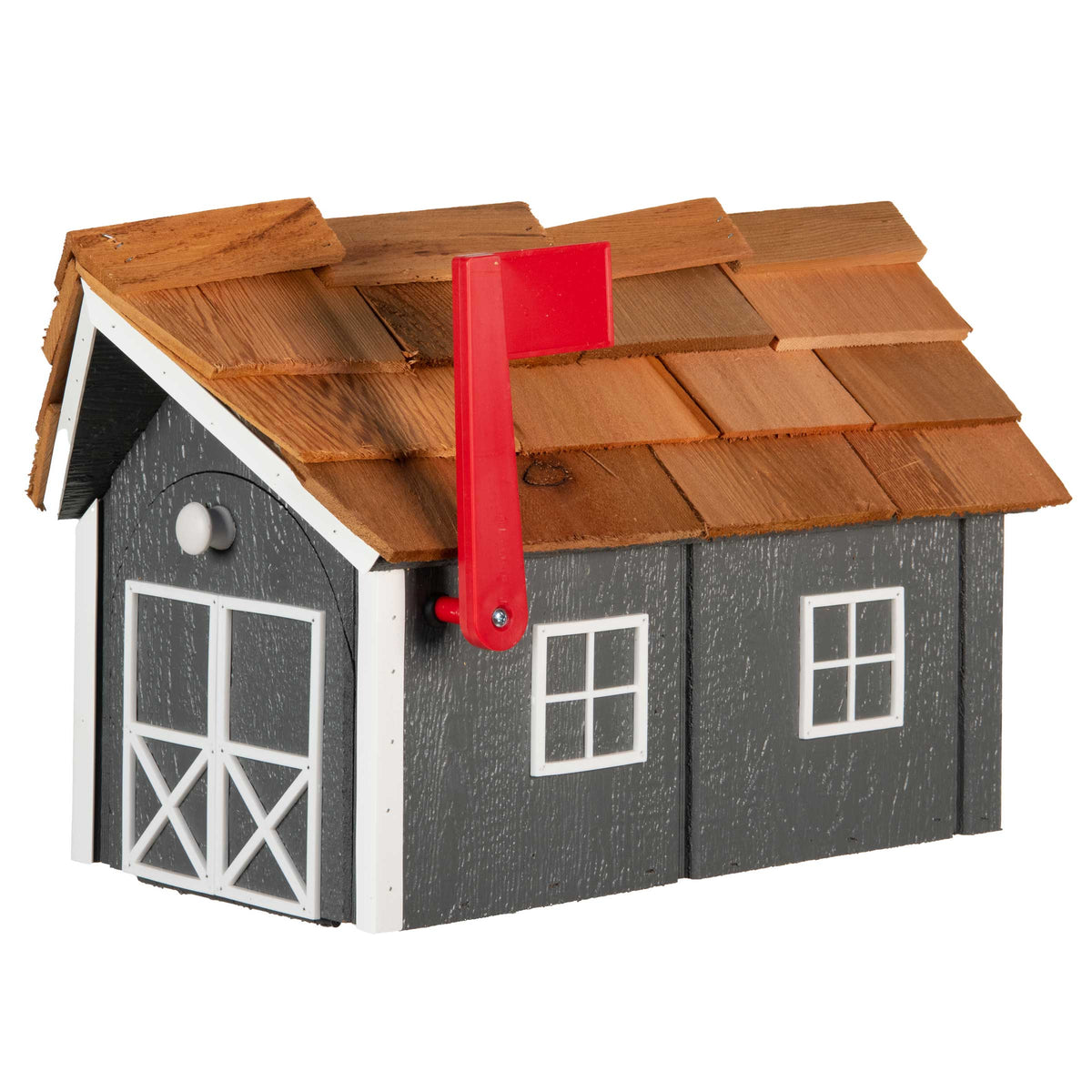Charcoal gray barn-style wood mailbox with cedar shingle roof, white trimmed windows and red flag up