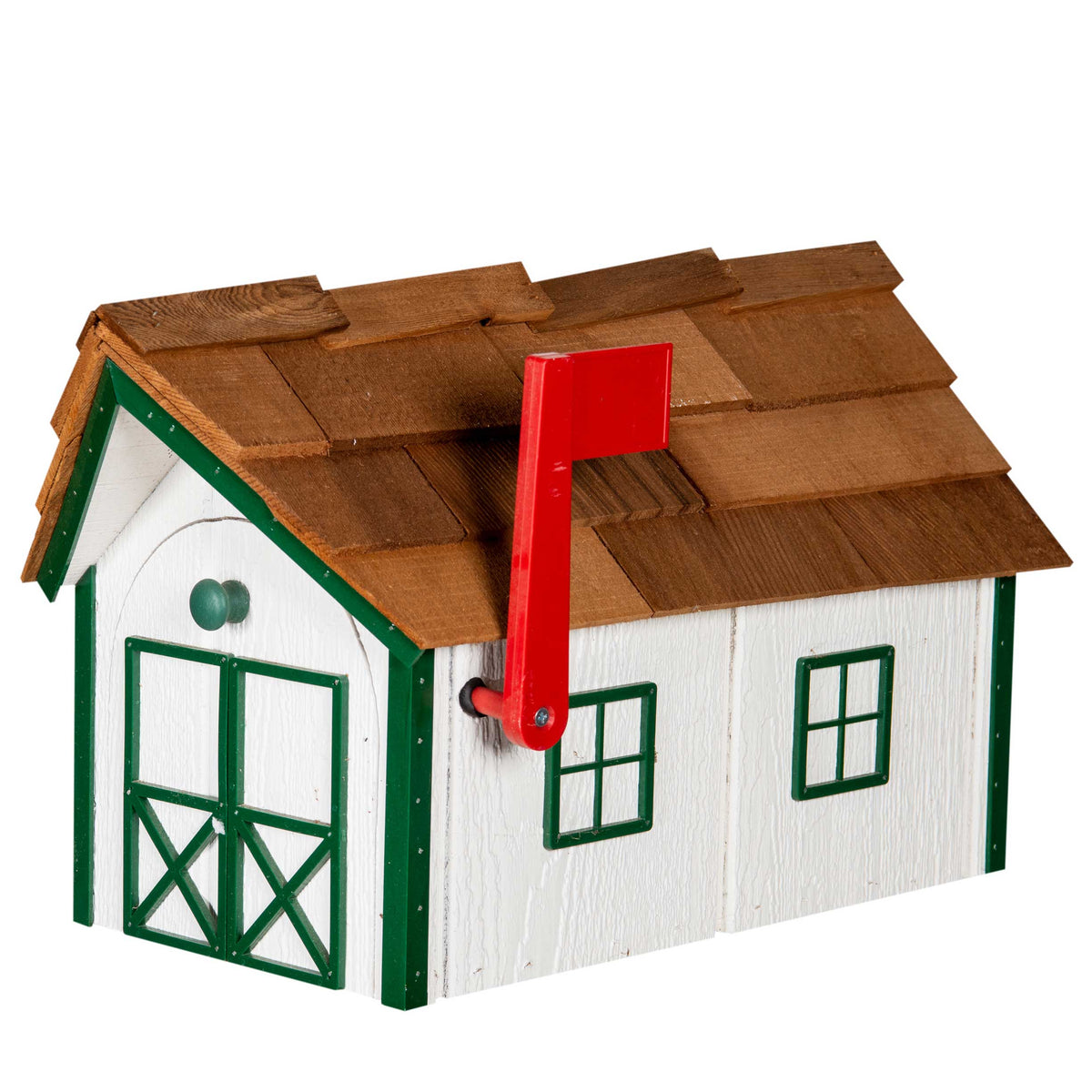 White wood barn mailbox with green trim, arched cross-braced doors, cedar shake roof and red flag