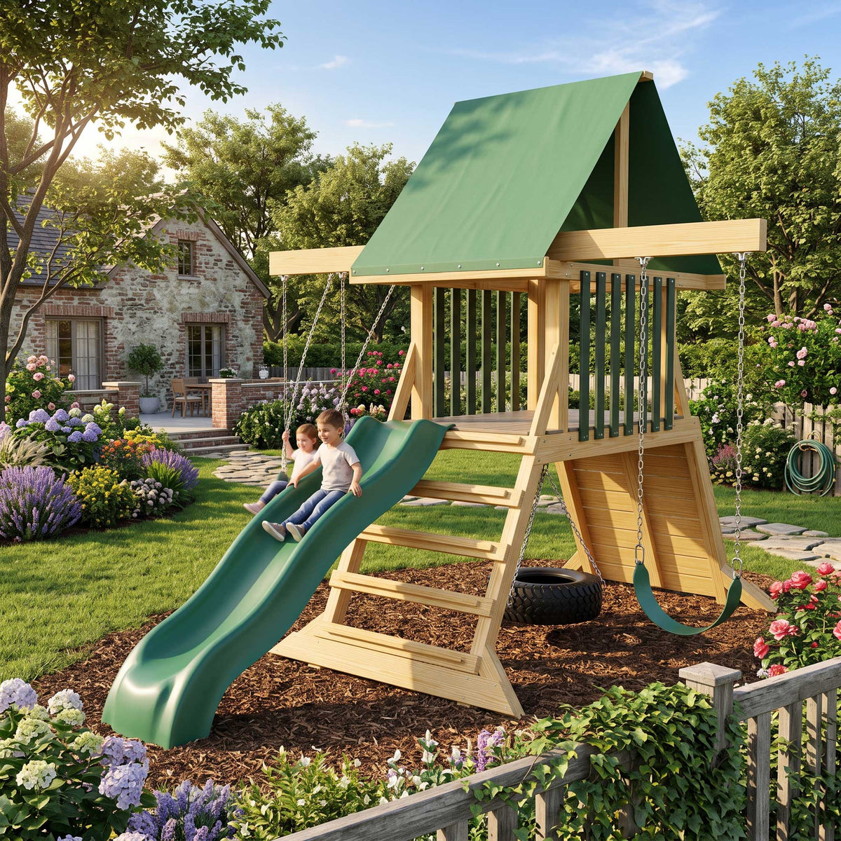 Amish Summit Outdoor Play Wood Swing Set Kit - Quick Ship