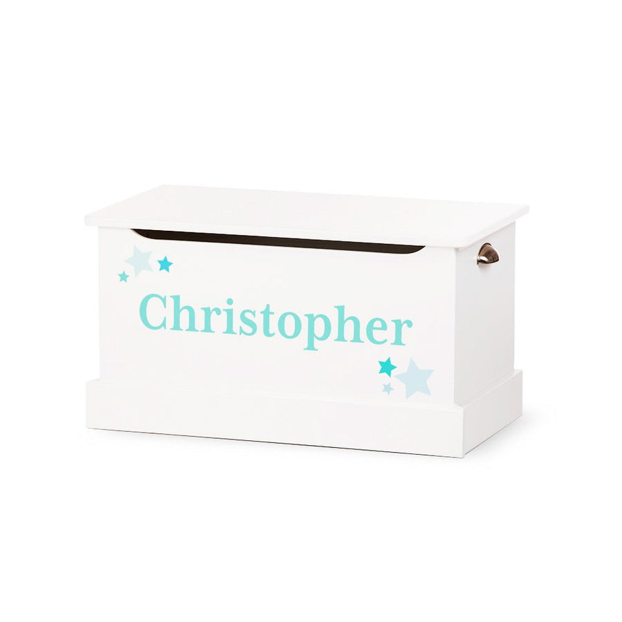 White toy box with a hinged lid, safety hinge and the name Christopher in aqua lettering with stars