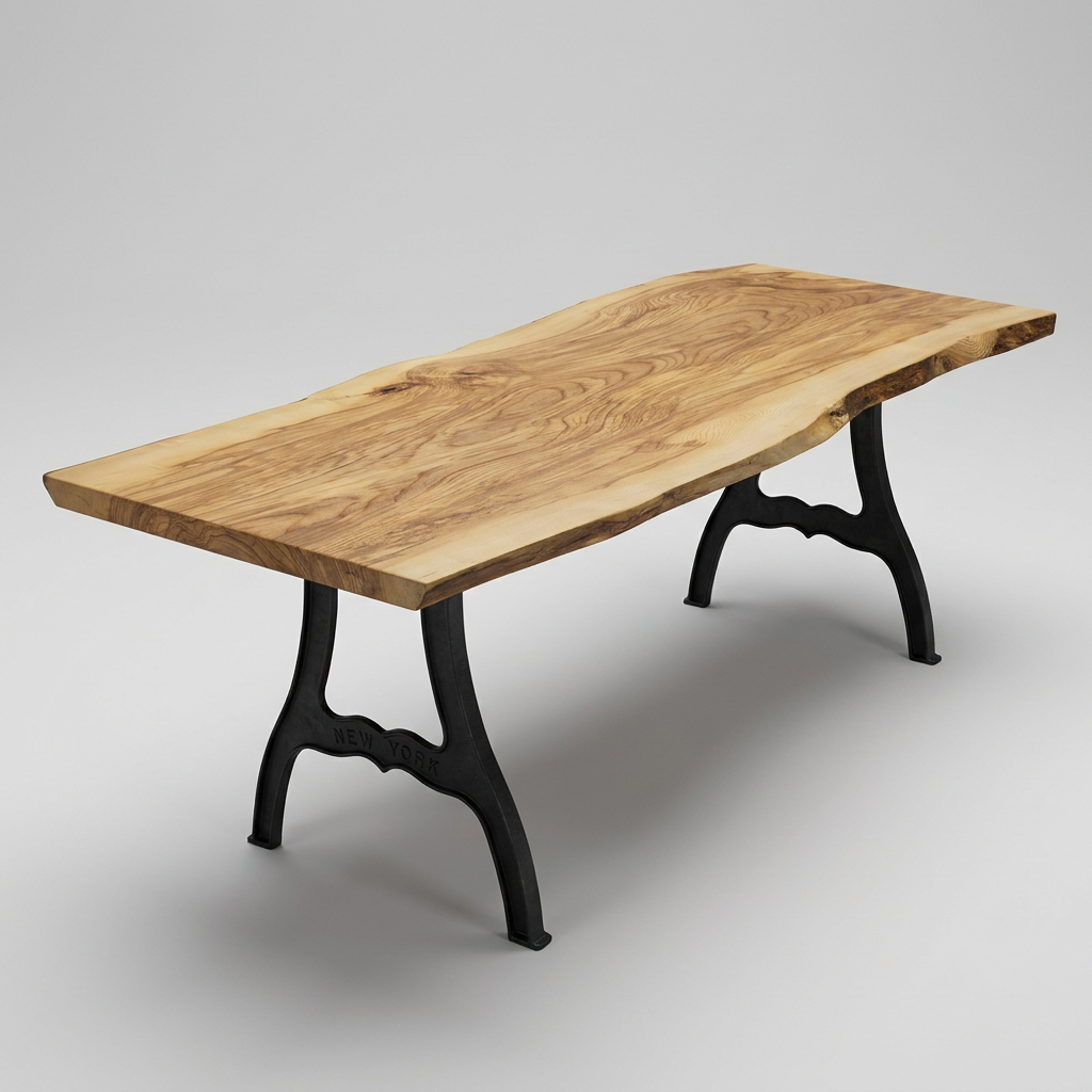 Amish Ash single 44" - 46" wide x 112" long x 2 ¼" thick Live Edge Slab shown on New York cast iron base (base sold separately)