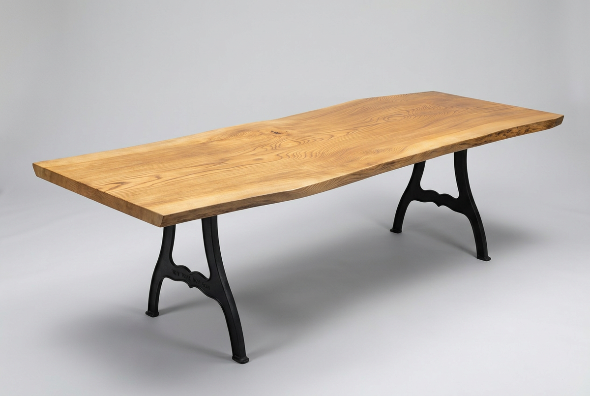 Amish Ash glazed finish 45" - 47" wide x 111" long x 2 ¼" thick Live Edge Slab shown on New York cast iron base (base sold separately)