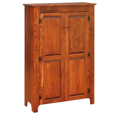 Two-door pine jelly cupboard in a honey stain with raised panel doors, black H hinges and a cut-out base skirt