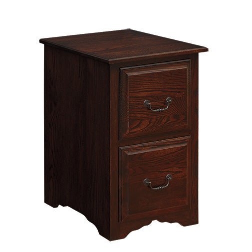 Two-drawer solid oak file cabinet in a dark walnut stain with raised panel drawer fronts, bail pulls and a scalloped base