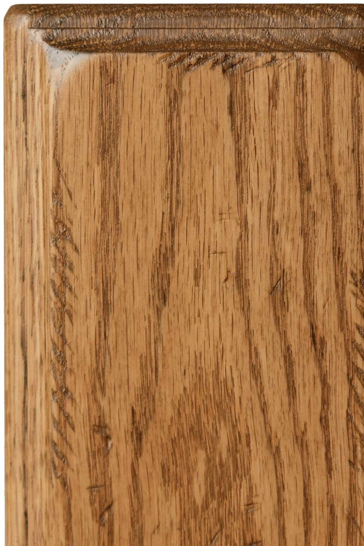 Aged Provincial finish on rustic oak, sample corner in warm golden tan with visible grain streaks and lightly distressed molded edge