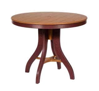 Round poly bar height patio table with a cherry toned top and curved wine red pedestal legs