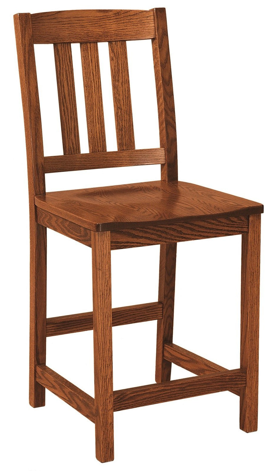 Oak slat-back bar chair with a contoured wood saddle seat, square legs and full box foot rails