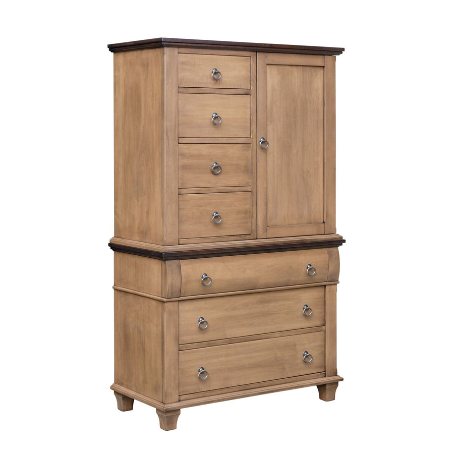 Door and drawer armoire in light almond with four stacked drawers, a paneled door and three bowed drawers below