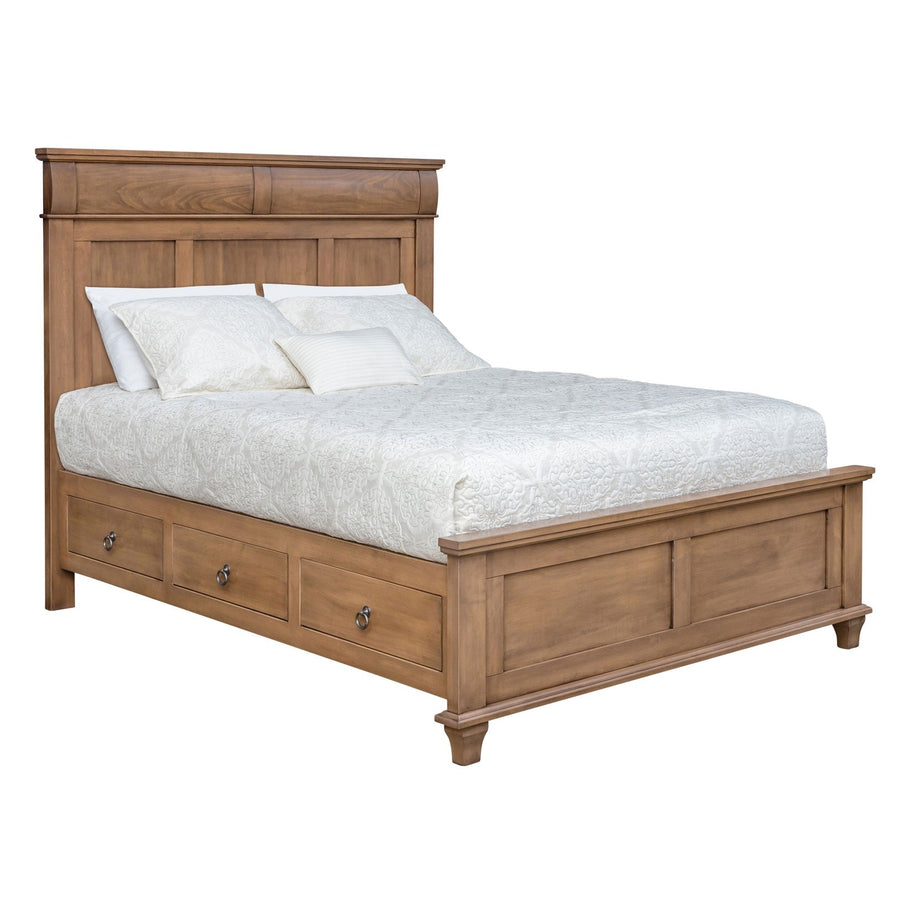 Platform captain storage bed in light almond with a tall paneled headboard and three under-bed drawers