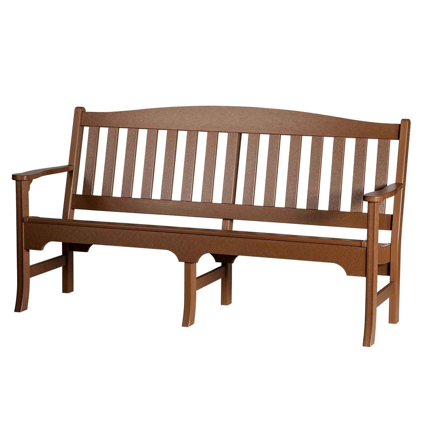 Long mahogany brown poly garden bench with an arched slat back and armrests, on a brick patio
