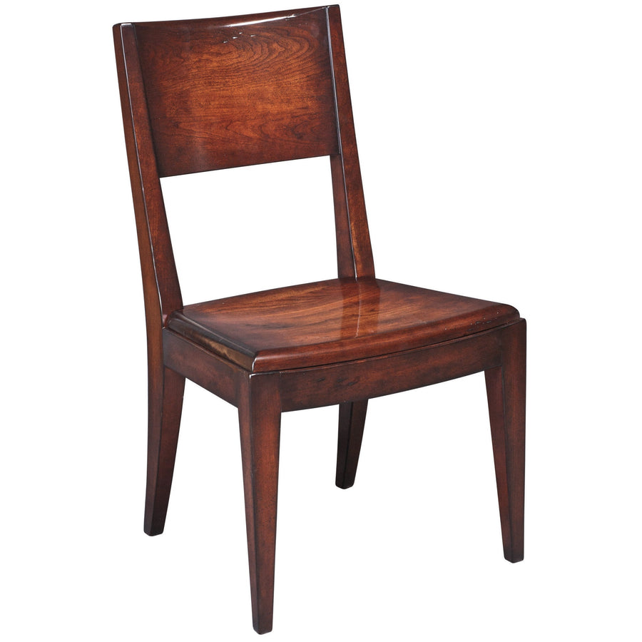 Dark cherry Barkeley side chair with a flared panel back, contoured wood seat and tapered square legs